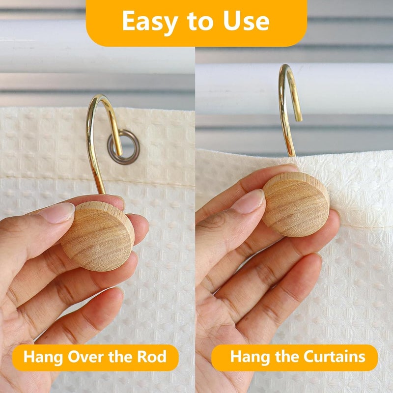 JTDTH Shower Curtain Hooks, Wood Decorative Shower Curtain Rings, Modern Round Log Shower Curtain Hangers, 12PCS Shower Hooks for Shower Curtain Rod, Bedroom, Living Room (Gold 2) - Image 4